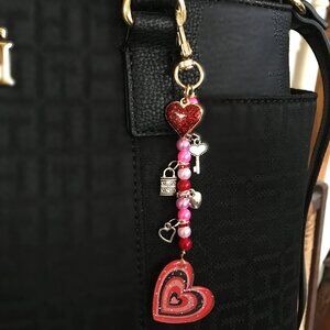 Valentines Hand Crafted, Beaded Heart Bag Charm, Keychain, Backpack Charm